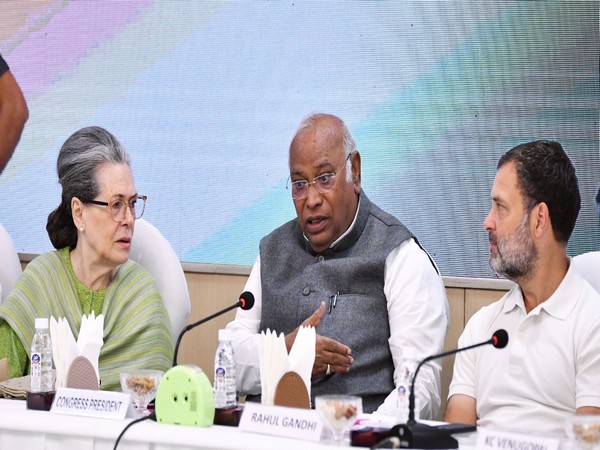 Congress President Mallikarjun Kharge, leaders Rahul Gandhi and Sonia Gandhi (File Photo/ANI)