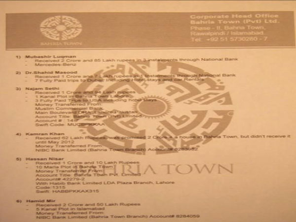 List alleging that several prominent Pakistani journalists received payments from Bahria Town (Image Credit: X)