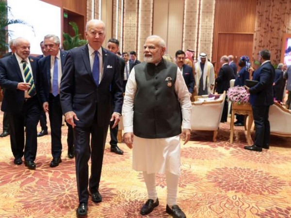 US President Joe Biden with Prime Minister Narendra Modi at Bharat Mandapam. (Photo/ANI)