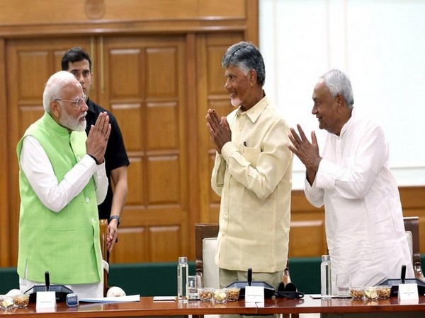Prime Minister Narendra Modi, TDP Chief Chandrababu Naidu and Bihar Chief Minister Nitish Kumar (Photo/ANI)