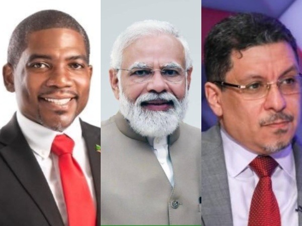 Saint Kitts and Nevis PM Terrance Drew (left), PM-designate Narendra Modi, Yemen PM Ahmad Awad bin Mubarak (Image Credit: X/@TerranceDrewSKN/@BinmubarakAhmed)