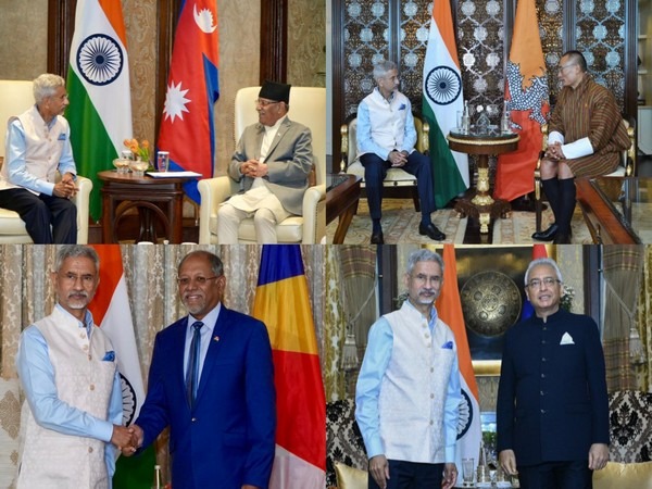 Union Minister Jaishankar with Bhutan PM Tshering Tobgay, Mauritius PM Pravind Jugnauth, Nepal PM Pushpa Kamal Dahal, Seychelles Vice President Ahmed Afif (Picture Credit: X/@DrSJaishankar)