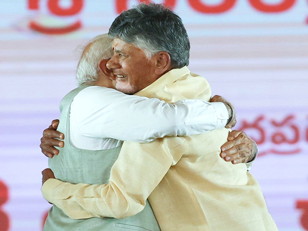 Prime Minister Narendra Modi and Andhra CM N Chandrababu Naidu share a hug. (Photo/X)