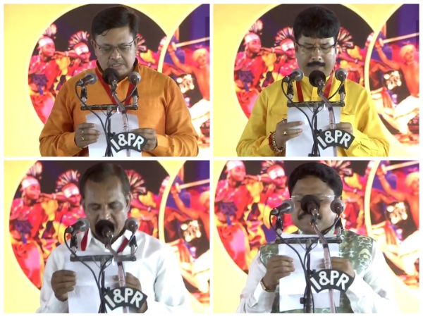 Prithviraj Harichandan, Mukesh Mahaling, Bibhuti Bhusan Jena and Krushna Chandra Mohapatra take oath as ministers in Odisha (Photo/ANI)