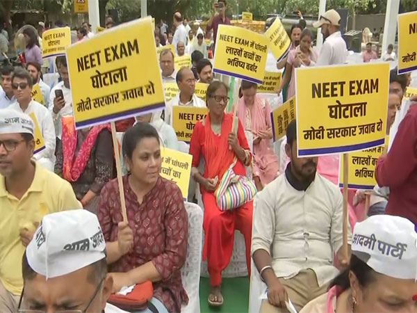 AAP workers hold protest at Delhi's Jantar Mantar (Photo/ANI)