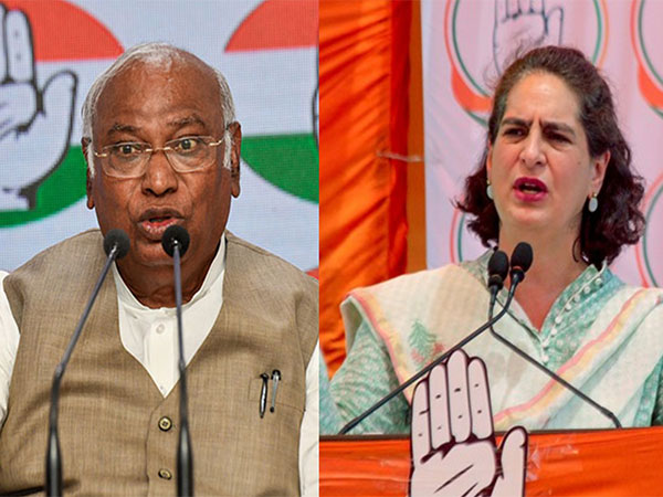 Congress chief Mallikarjun Kharge and party leader Priyanka Gandhi. (Photo/ANI)