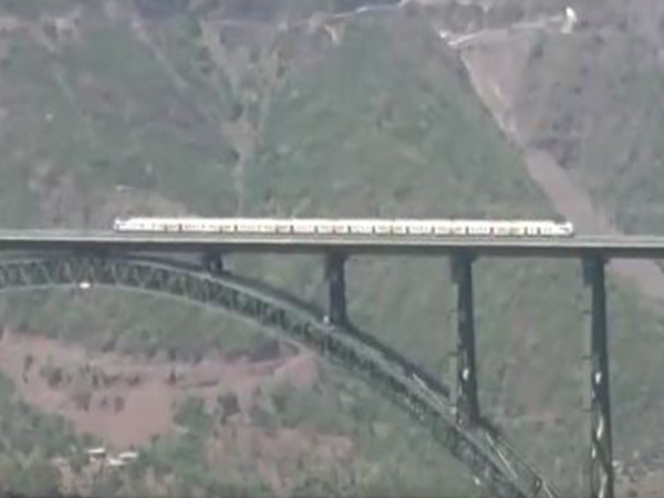 Trail run of the newly constructed world's highest rail bridge built on the Chenab River in Jammu and Kashmir (Photo/ANI)
