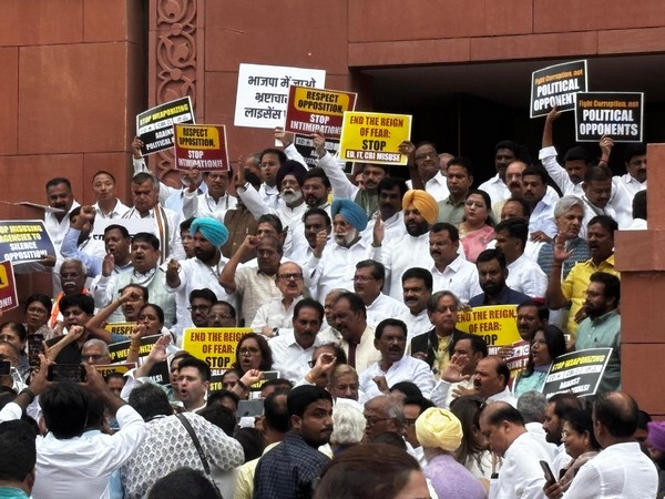 Opposition MPs protest in Parliament premises. (Photo/ANI)