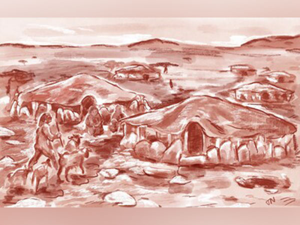 Artists’ impression of a small cluster of Standing Stone Circle dwellings during the Neolithic period. (Artist: Thalia Nitz)