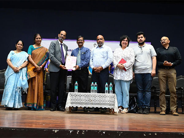 The GM of NABARD Bank (fourth from left) launches the drone center. From left: Vice Principal of Ethiraj College, Principal of Ethiraj College, and Mike Muralidharan of Ethiraj College