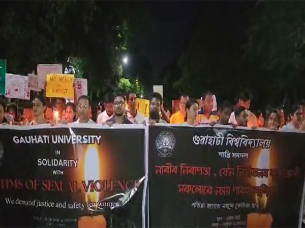 Visuals of the protest held by the Post Graduate Students' Union of Gauhati University on Saturday (Photo/ANI) 
