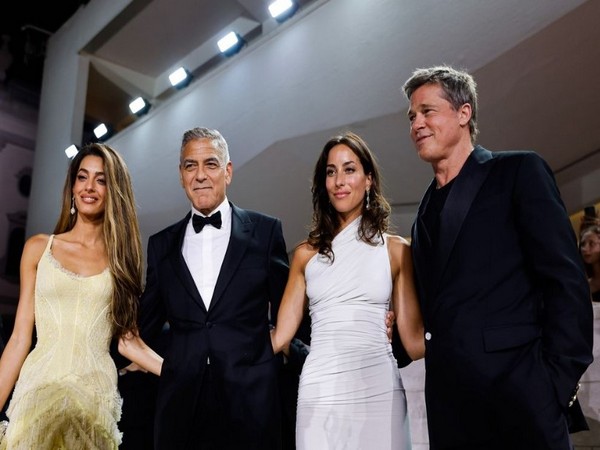Brad Pitt, Ines de Ramon with his Wolfs costar George Clooney, his wife Amal Clooney(Image source: Instagram/@ labiennale)