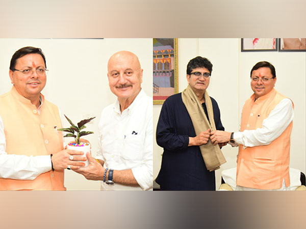 Uttarakhand CM Pushkar Singh Dhami meets CBFC chairman Prasoon Joshi, Anupam Kher (Image source/ ANI)