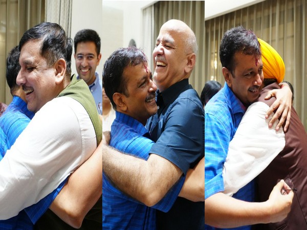Delhi CM Arvind Kejriwal with AAP leaders Sanjay Singh, Manish Sisodia and Bhagwant Mann. (Photo/AAP)