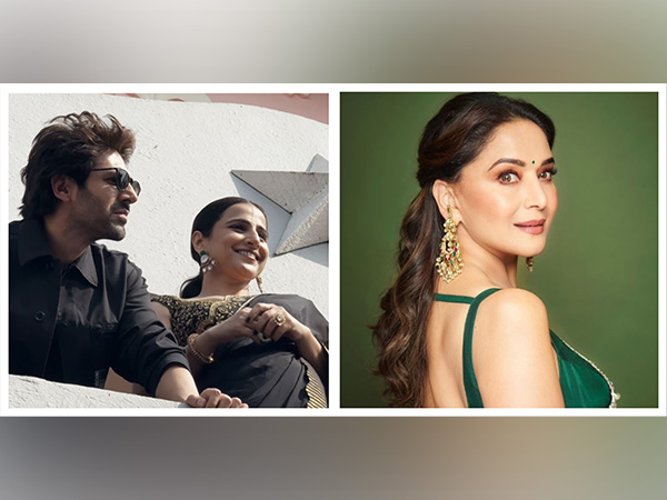 Actors Kartik Aaryan, Vidya Balan and Madhuri Dixit (Image source: ANI and Instagram account of Madhuri)