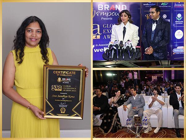 Sree Sandhya Kona (Machine Learning and Big Data Engineer) being honored by the gorgeous Shilpa Shetty Kundra at the “Global Excellence Awards 2024” by Brand Empower