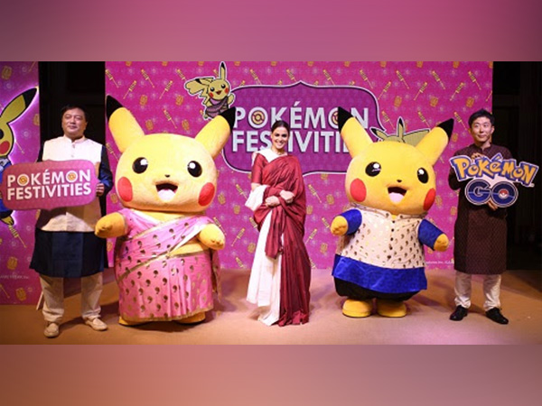 Susumu Fukunaga, Corporate Officer, The Pokemon Company; Pikachu; Genelia Deshmukh; Yuki Kawamura, Sr. Director, Strategic Partnerships and Special Projects, Niantic