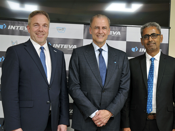Marco vom Wege, VP & Chief Commercial Officer; Gerard Roose, CEO & President; and Sanjay Kataria, VP & MD, at the press meet announcing Inteva Products' manufacturing center expansion