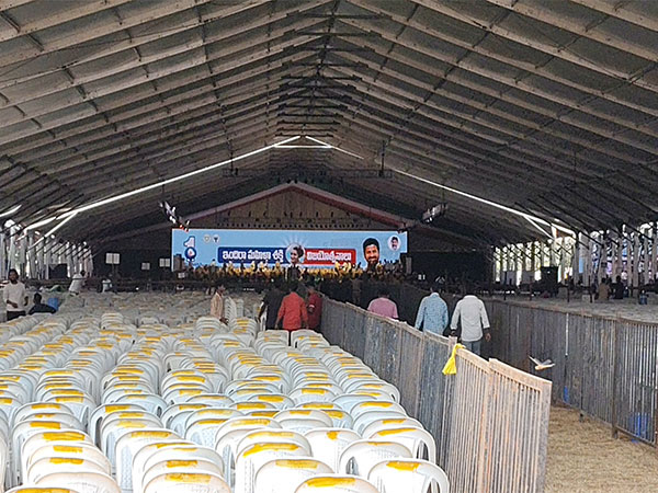 Stage for the Indira Mahila Shakti Vijayotsava Sabha at the Arts and Science College in Hanumkonda. (Photo/ANI)