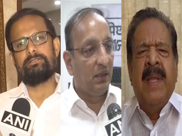 Congress leader Sachin Sawant and Ramesh Chennithala; Shiv Sena MP Naresh Mhaske. (Photo/ANI)