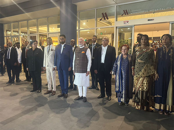 PM received at a hotel in Guyana by Guyana President and PMs of Barbados and Grenada (Photo/ANI)