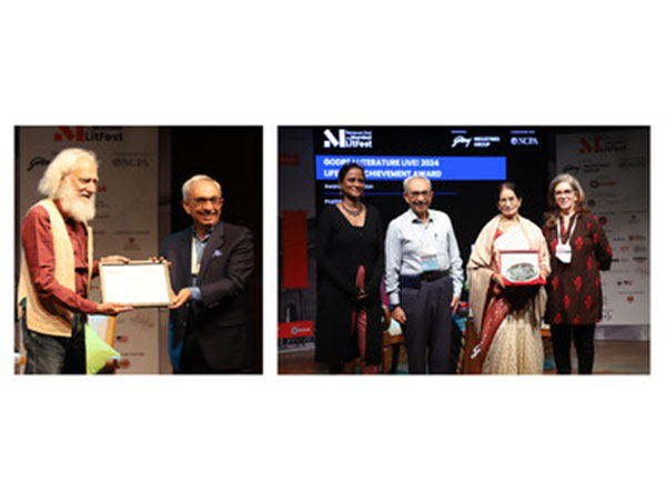 Left to Right – NBG presenting the Poet Laureate Award to Arvind Krishna Mehrotra and Lifetime Achievement Award to author Pratibha Ray