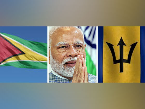 PM Modi and flags of Guyana and Barbados (Photo/ANI and Pexels)