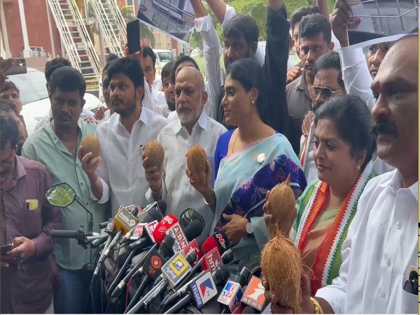 AP Congress Chief YS Sharmila stages protest demanding steel factory in Kadapa (Photo/ANI)