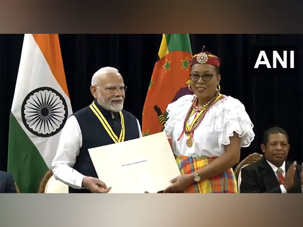 PM Modi receives the Dominica Award of Honour in recognition of his contributions during the COVID-19 pandemic. (Photo: ANI)
