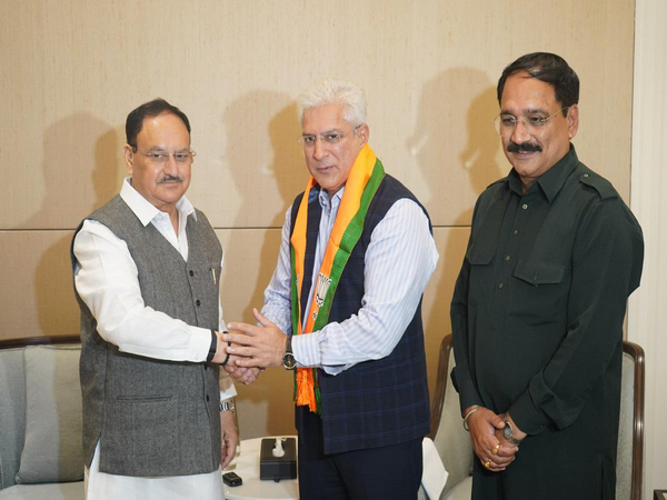 BJP leader Kailash Gahlot with Union Minister and BJP National President JP Nadda and Delhi BJP Chief Sachdeva (Photo/ANI)