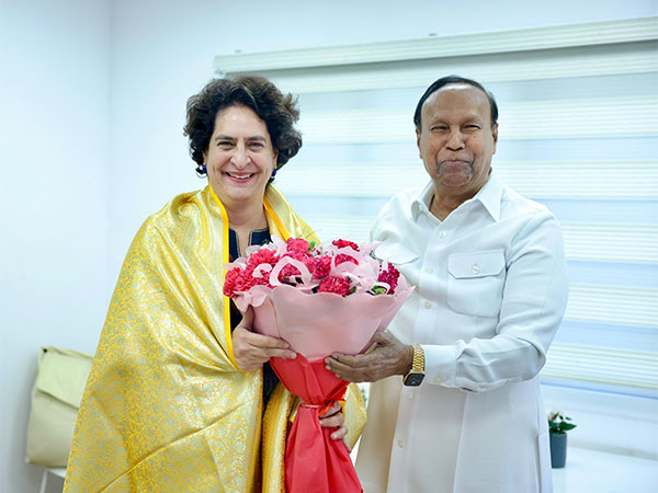 DMK MP T R Baalu meets Congress General Secretary Priyanka Gandhi Vadra. (Photo/ANI)