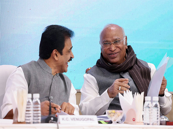 Congress President Mallikarjun Kharge with party General Secretary (Organisation) KC Venugopal at the Congress Working Committee (CWC) meeting. (Photo/ANI)