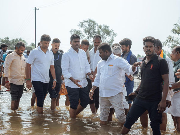BJP State Party President K. Anamalai inspects flood hit salt plains (Photo/@annamalai_k)