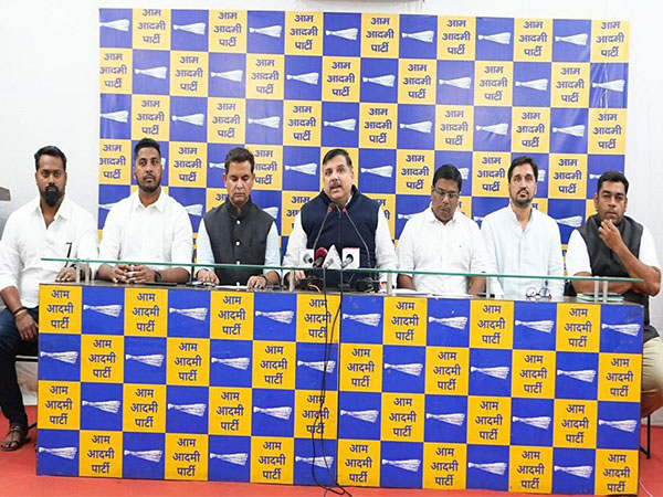 AAP Rajya Sabha MP Sanjay Singh along with other party leaders (Photo/ANI)