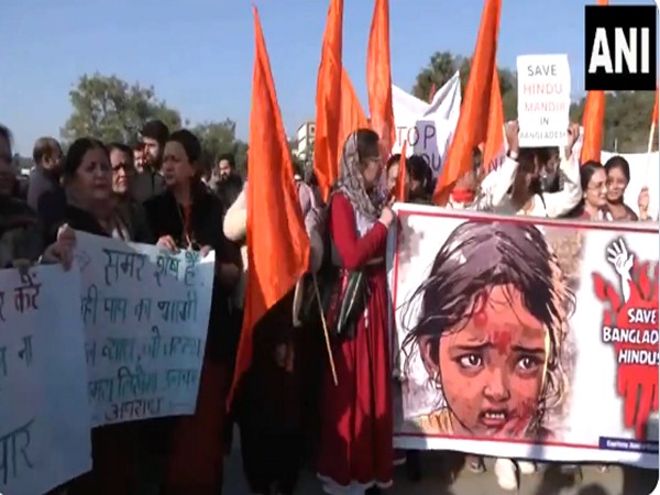   Members of the Hindu community held a protest march in Jammu against targeted attacks on Hindus and other minorities in Bangladesh (Photo/ANI)