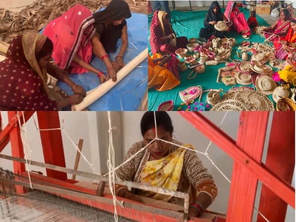 Women craft puja mats from banana stems. (Photo/ANI)