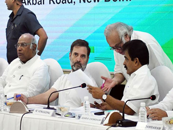 Congress chief Mallikarjun Kharge, Lok Sabh LoP Rahul Gandhi and KC Venugopal (File Photo/ANI)