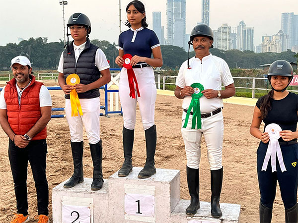Freya Thakkar (Top of podium) after winning in Show Jumping 80 cms category (Image: EFI/ARC)