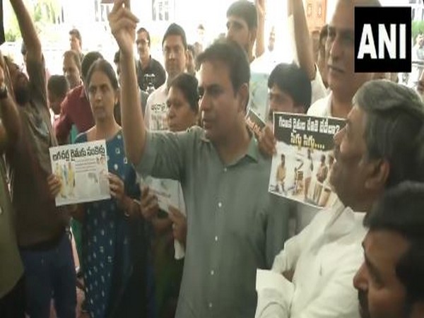 BRS leaders protest over arrest of farmers from Lagcherla village. (Photo/ANI)