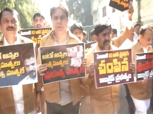 BRS MLAs protest against CM Reddy's govt demanding justice for auto drivers. (Photo/ANI)