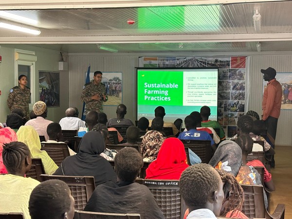 Indian troops conducting the agriculture awareness programme for farmers of  Rumajak village in Abyei (Photo/ANI)