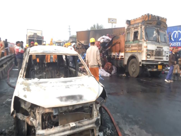 A truck carrying chemicals collided with an LPG tanker on the Jaipur-Ajmer route, sparking a massive fire.(Photo/ANI)