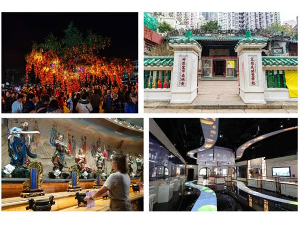 Clockwise: Hong Kong Well-Wishing Festival, Man Mo Temple, Prayer Request inside the Taisui Yuenchen Hall, LED Wishing Wall