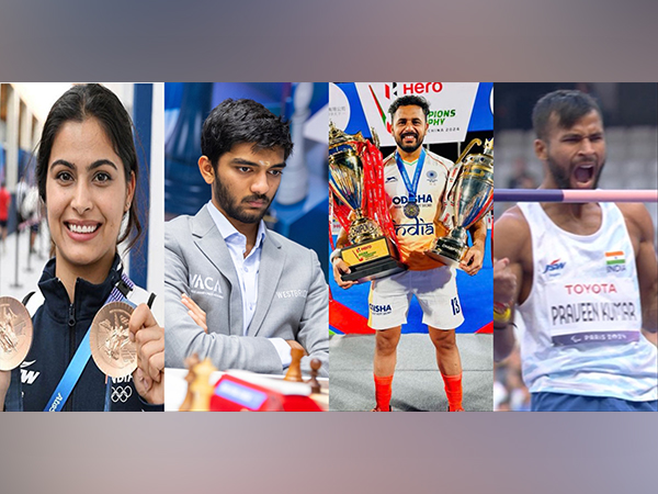 Manu Bhaker, D Gukesh, Harmanpreet Singha and Praveen Kumar (Picture: @realmanubhaker, @13harmanpreet, @DGukesh )