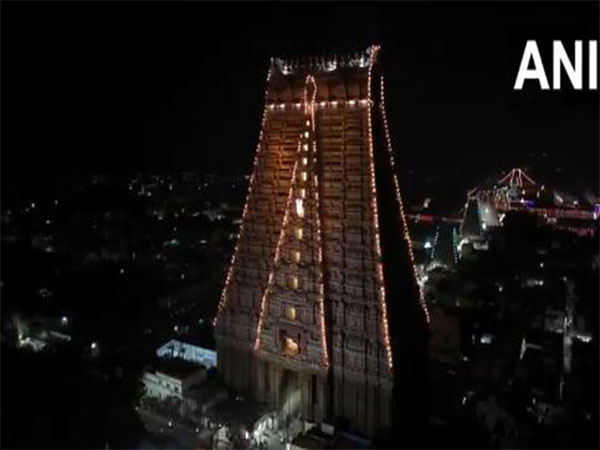 Visuals from Srirangam's Sri Ranganathaswamy temple lit up for Vaikuntha Ekadashi.(Photo/ANI)