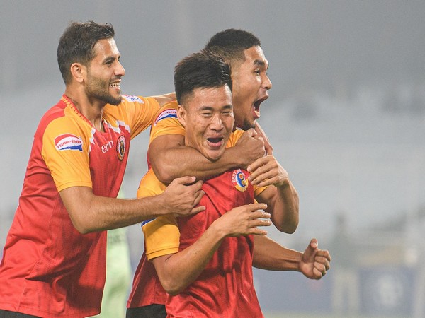 EBFC's David Lalhlansanga celebrating with team mates Anwar Ali and Lalchungnunga after scoring (Photo: ISL)