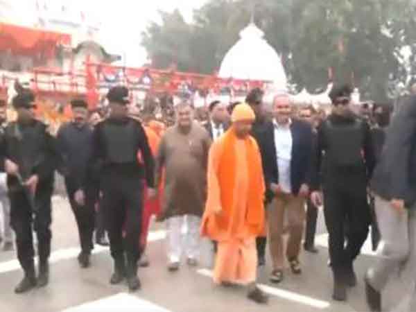 Uttar Pradesh Chief Minister Yogi Adityanath inspects the Goraknath Temple in Gorakhpur on Tuesday. (Image/ANI)