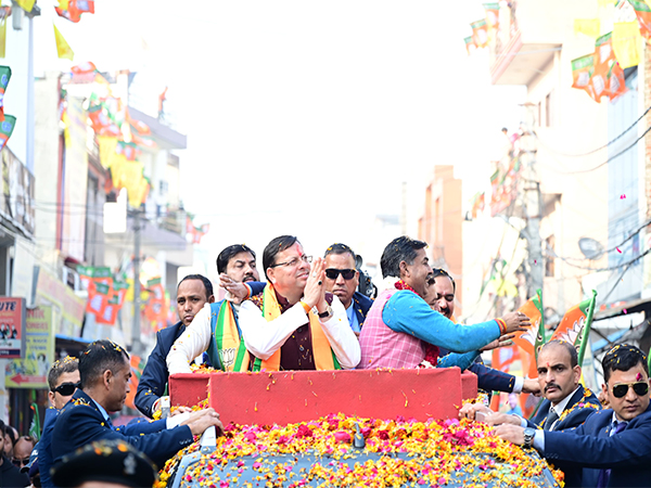 Chief Minister Pushkar Singh Dhami during a roadshow in Haridwar on Friday. (Photo/ANI)