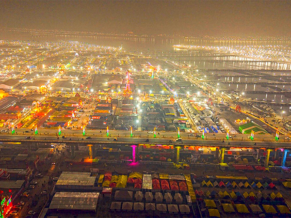 An aerial view of illuminated Triveni Sangam during Maha Kumbh 2025 (Photo/ANI)