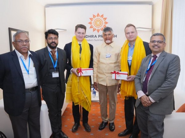 Andhra Pradesh CM Chandrababu Naidu with Unilever's Chief Supply Chain Officer Willem Uijen and Global Sustainability Manager Matteo Squire at World Economic Forum (Photo/@ncbn)